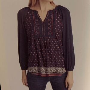 Vintage America Embroidered Mixed Print Boho Blouse Top XXL